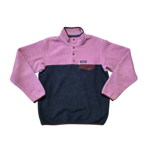 Patagonia Fleece 1/4 Button Up Girls L Navy Blue Pink Pullover - Picture 1 of 8